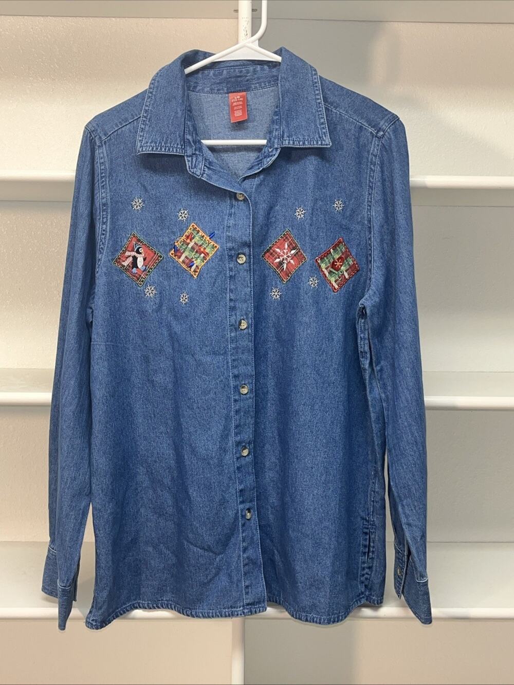 Vtg Like Women’s Holiday Embroidered Denim Top Sz Large Holiday Charm Christmas